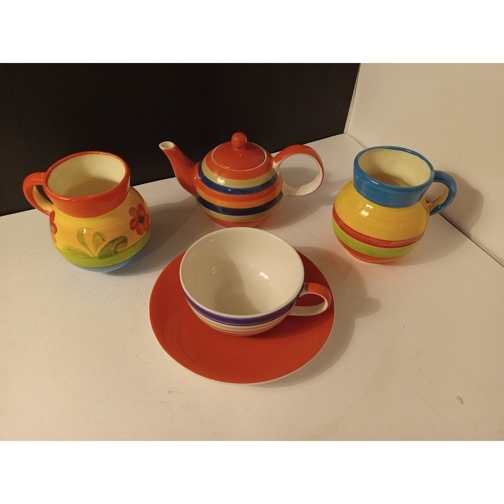 Whittard of Chelsea Tea For One Teapot Cup Saucer Set Striped Bone China